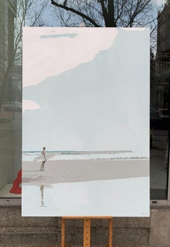 Beach. Man with a surfboard  - Figurative Acrylic Painting, Minimalism, Pop art