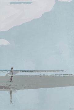 Beach. Man with a surfboard  - Figurative Acrylic Painting, Minimalism, Pop art