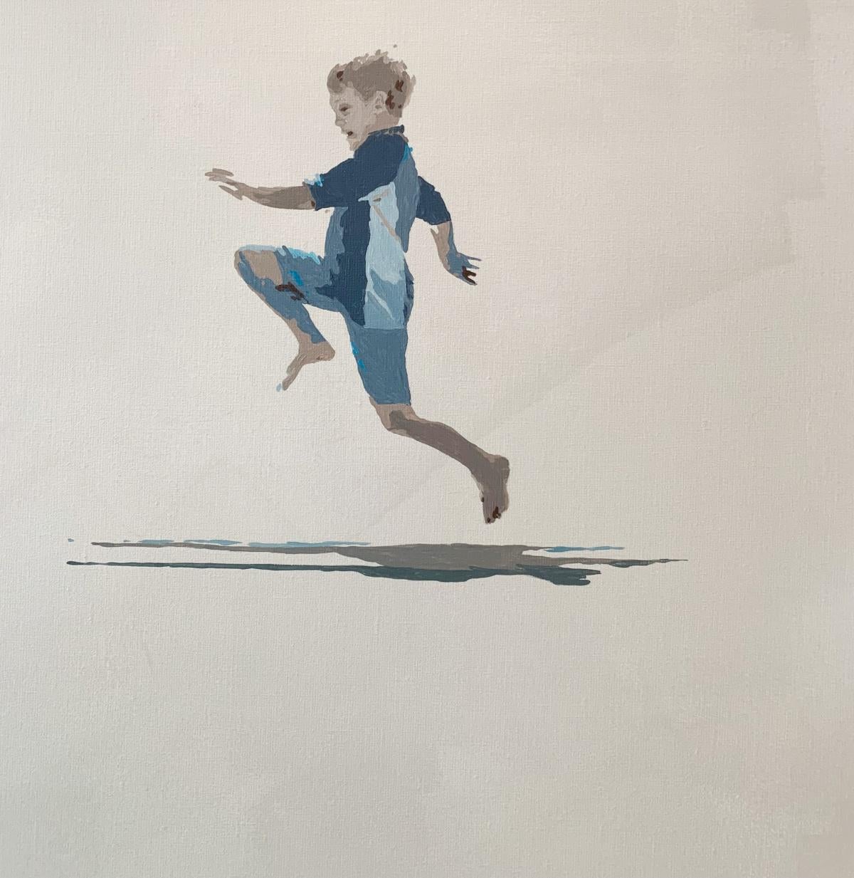 Contemporary figurative acrylic on canvas painting by Polish artist Joanna Woyda. Painting is in minimalistic, pop art style. The artwork depicts a boy playfully running on a beach. Color of the composition is monochromatic, it's mainly in beige and