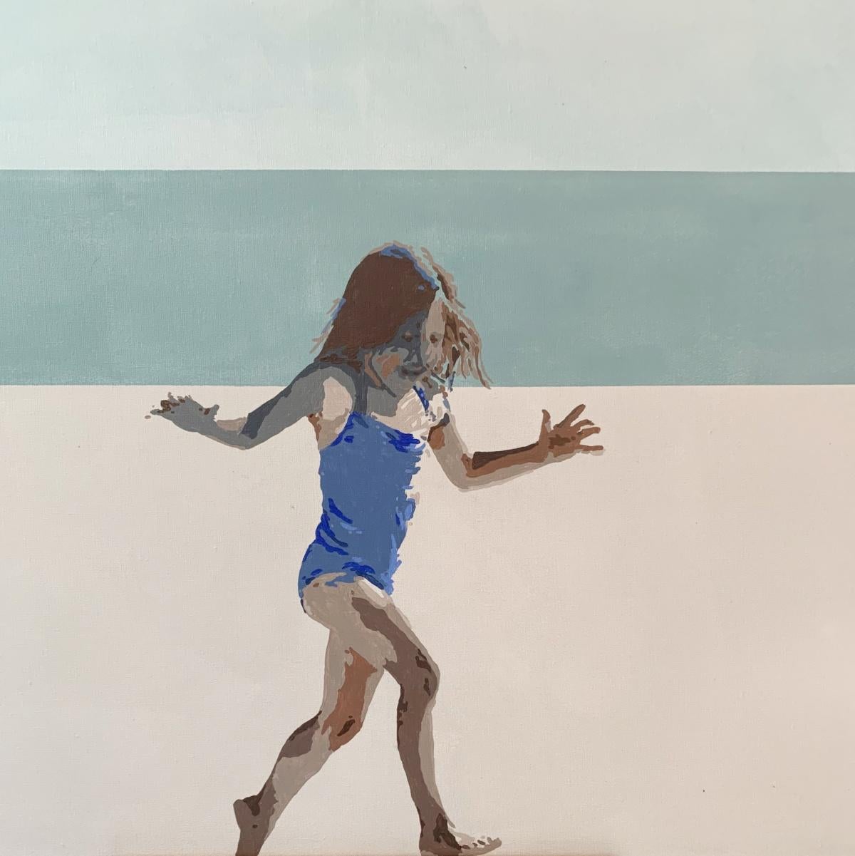 Contemporary figurative acrylic on canvas painting by Polish artist Joanna Woyda. Painting is in minimalistic, pop art style. The artwork depicts a girl playfully running on a beach. Colors are mostly pastel. Painting is part of the 'Beach'