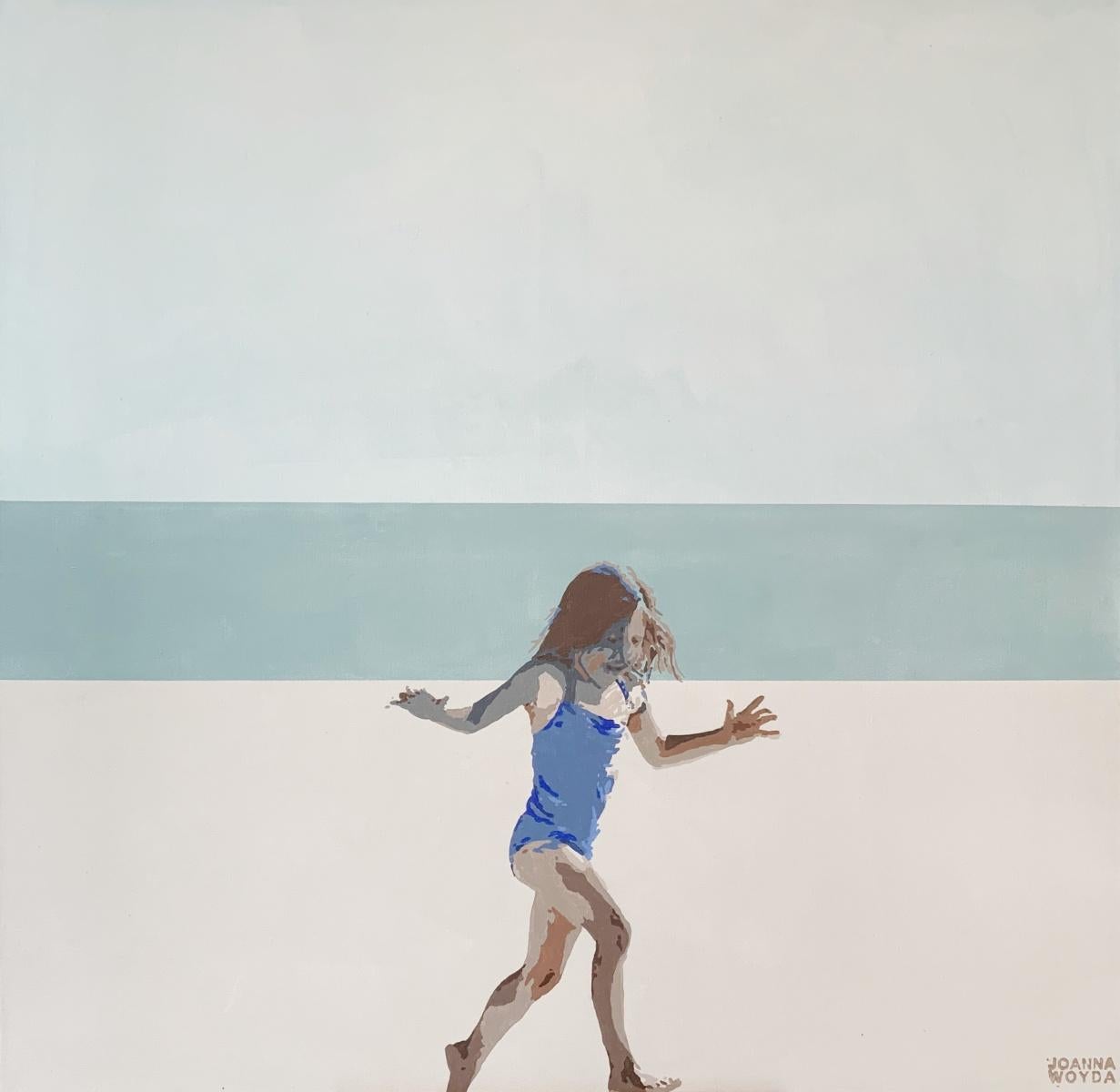 Joanna Woyda Figurative Painting - Beach- Running. Figurative Acrylic Painting, Minimalism, Pop art, Polish art