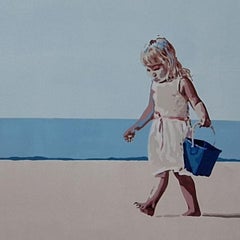 Spiaggia. Con un secchio blu. Pittura acrilica figurativa, Minimalismo, Pop art