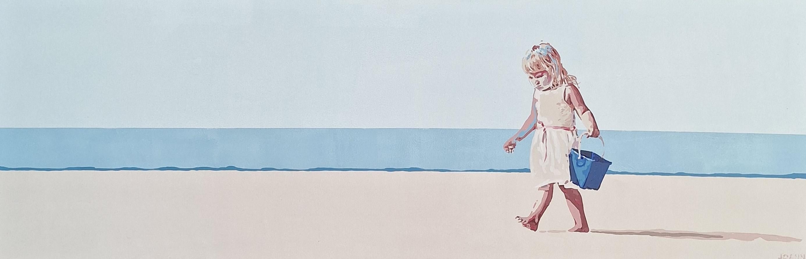 Strand. Mit einem blauen Eimer. Figurative Acrylmalerei, Minimalismus, Pop-Art
