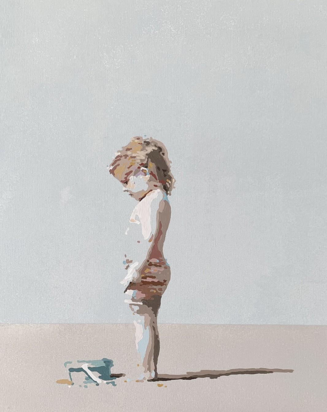 La plage. Avec un seau - Peinture figurative en acrylique, minimalisme, pop art - Pop Art Painting par Joanna Woyda