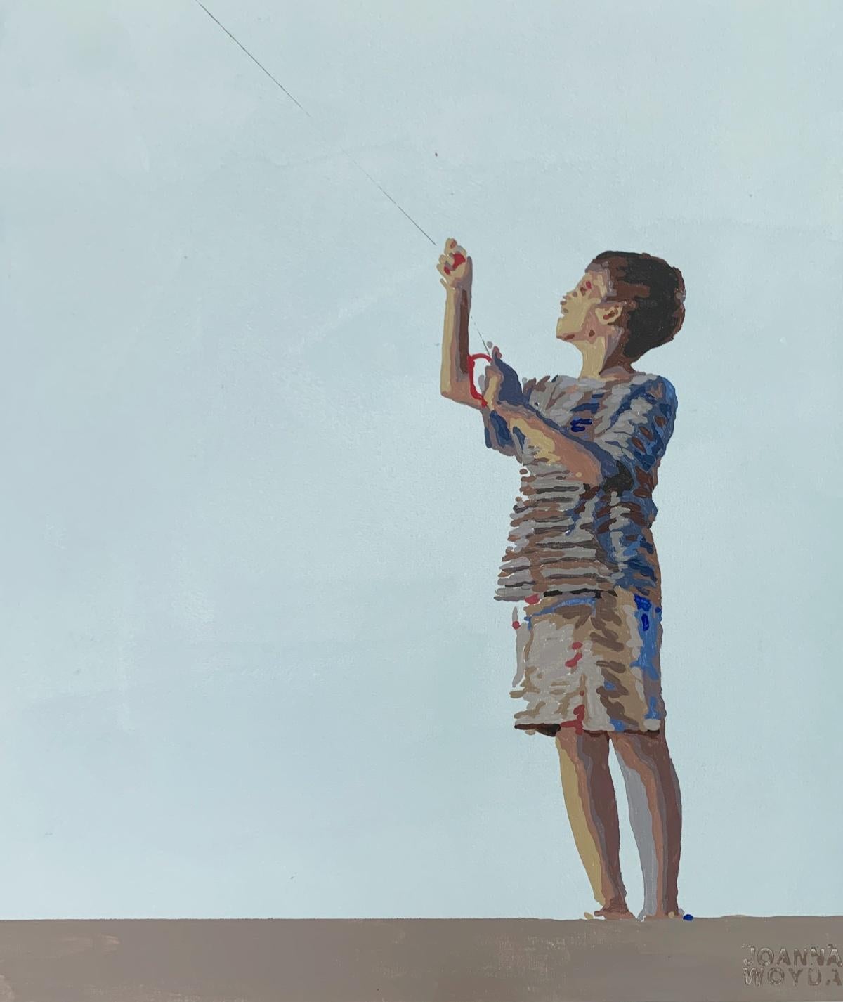 Playa- Con una cometa. Pintura acrílica figurativa, Minimalismo, Arte pop, Arte polaco - Painting de Joanna Woyda