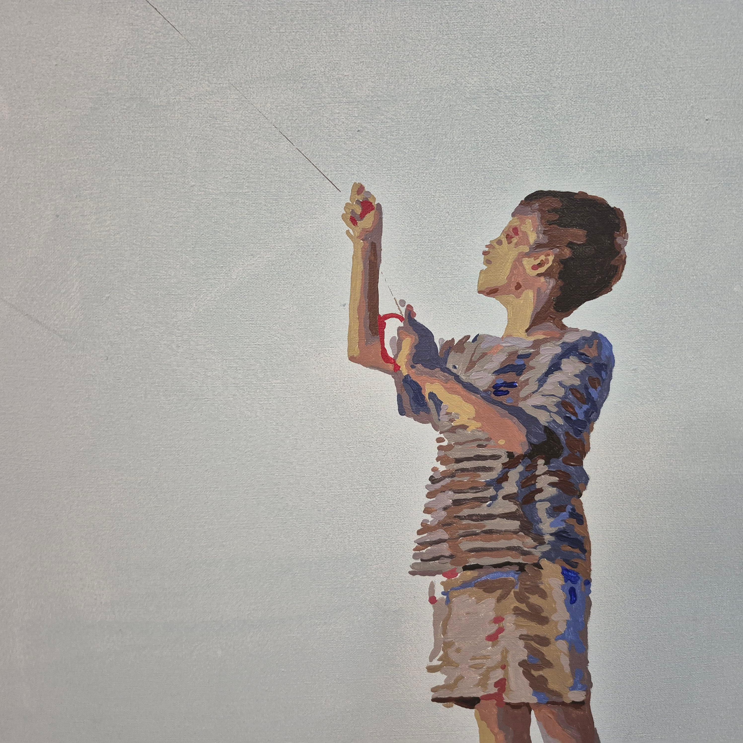 Zeitgenössisches figuratives Gemälde in Acryl auf Leinwand der polnischen Künstlerin Joanna Woyda. Die Malerei ist im minimalistischen Pop-Art-Stil gehalten. Das Kunstwerk zeigt einen Jungen, der mit einem Drachen am Strand spielt. Die Farben sind