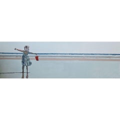 Beach. With a red bucket. Figurative Acrylic Painting, Minimalism, Pop art