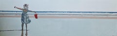 Beach. With a red bucket. Figurative Acrylic Painting, Minimalism, Pop art