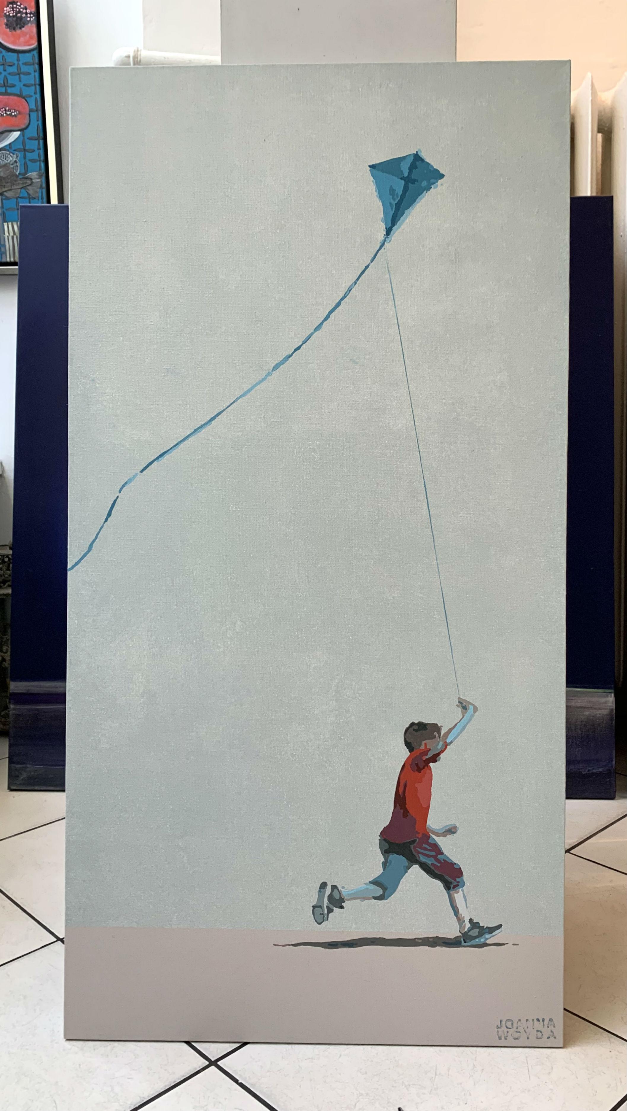 Boy in a red blouse with a kite - Contemporary Figurative Painting, Minimalism - Gray Portrait Painting by Joanna Woyda