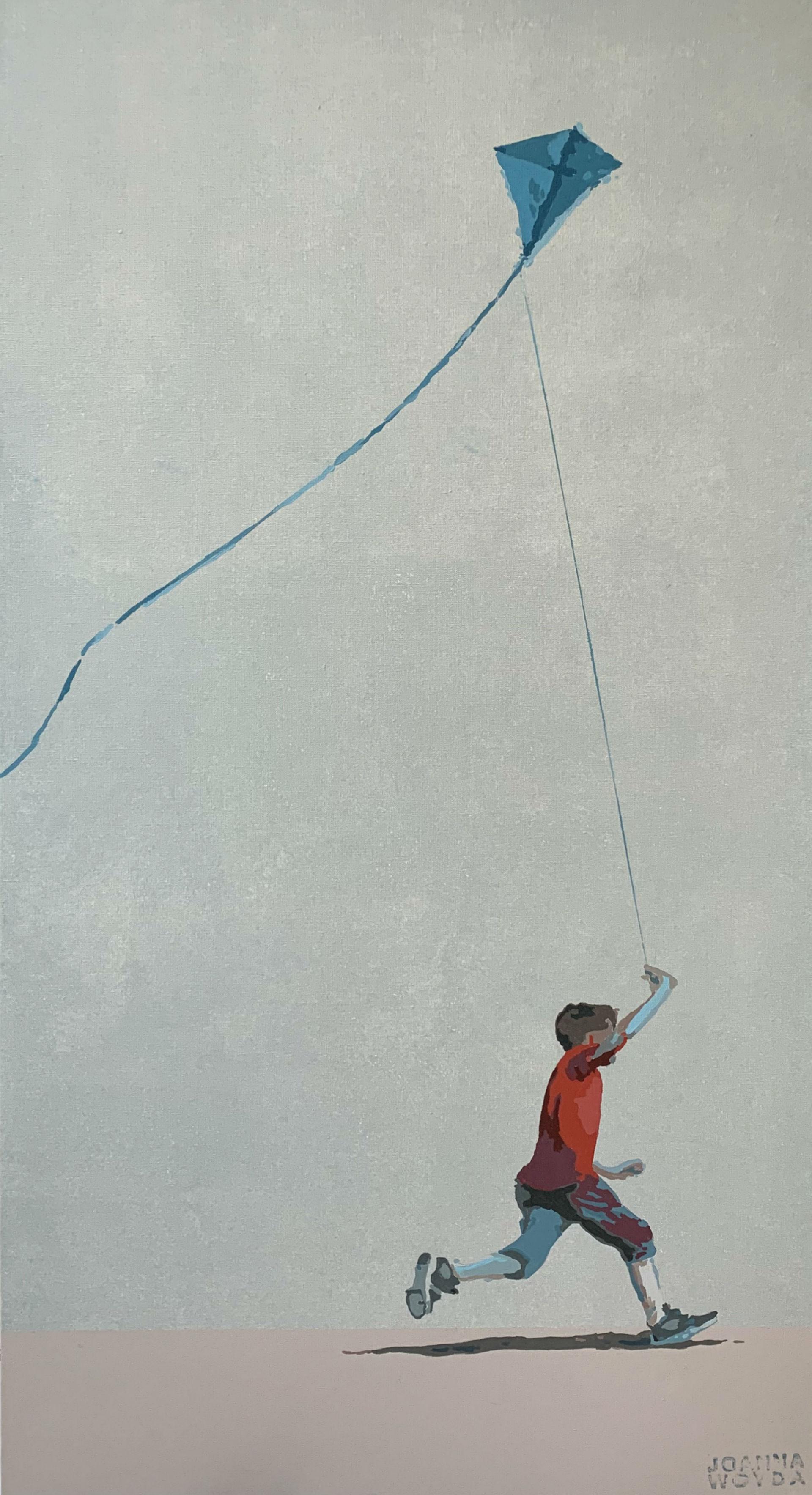 Joanna Woyda Portrait Painting - Boy in a red blouse with a kite - Contemporary Figurative Painting, Minimalism