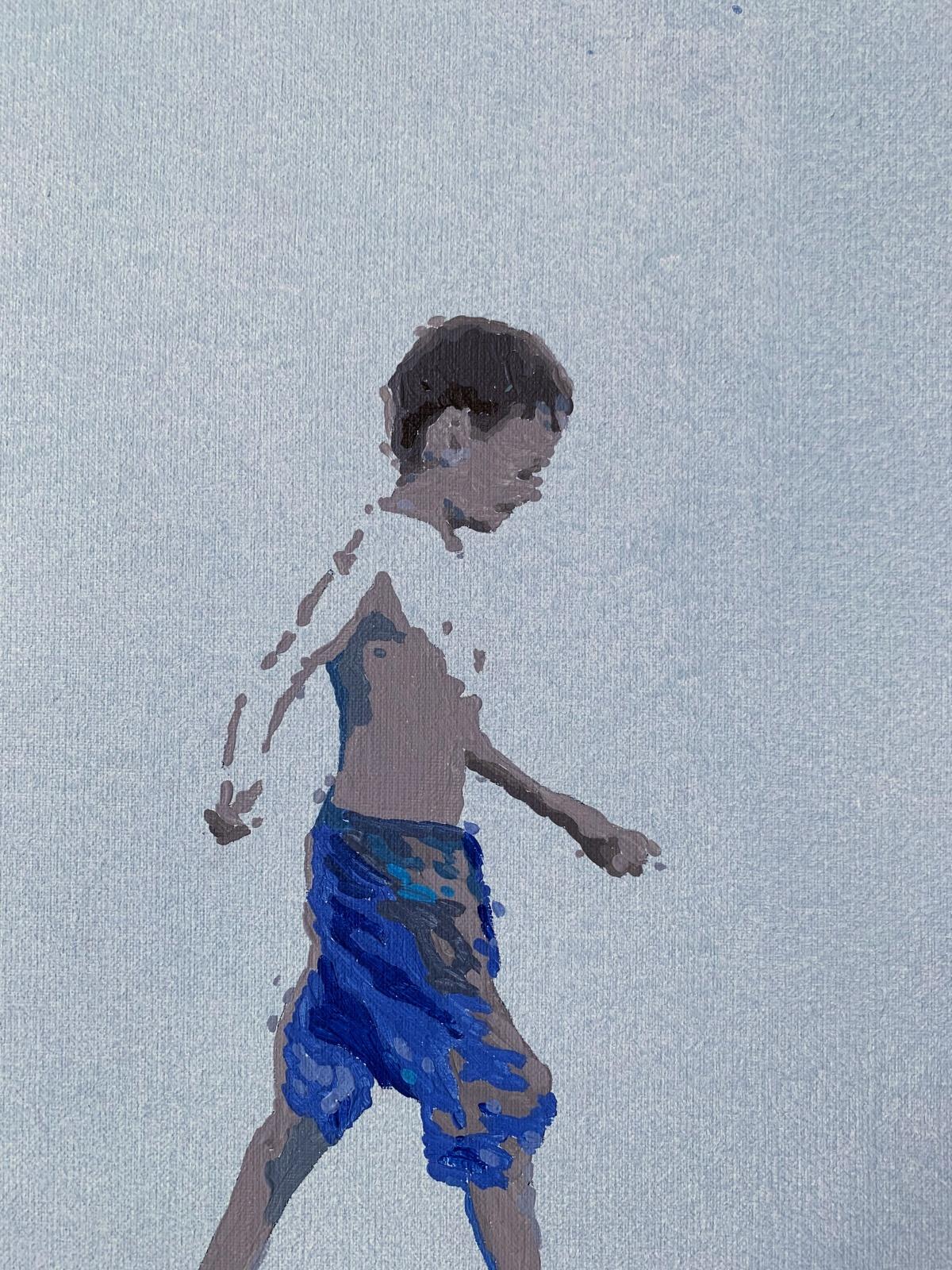 Boy in blue trousers - Figurative Acrylic Painting, Minimalism, Pop art - Blue Figurative Painting by Joanna Woyda