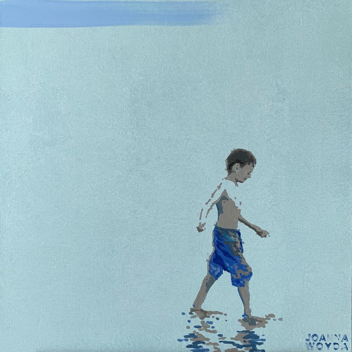 Joanna Woyda Figurative Painting - Boy in blue trousers - Figurative Acrylic Painting, Minimalism, Pop art