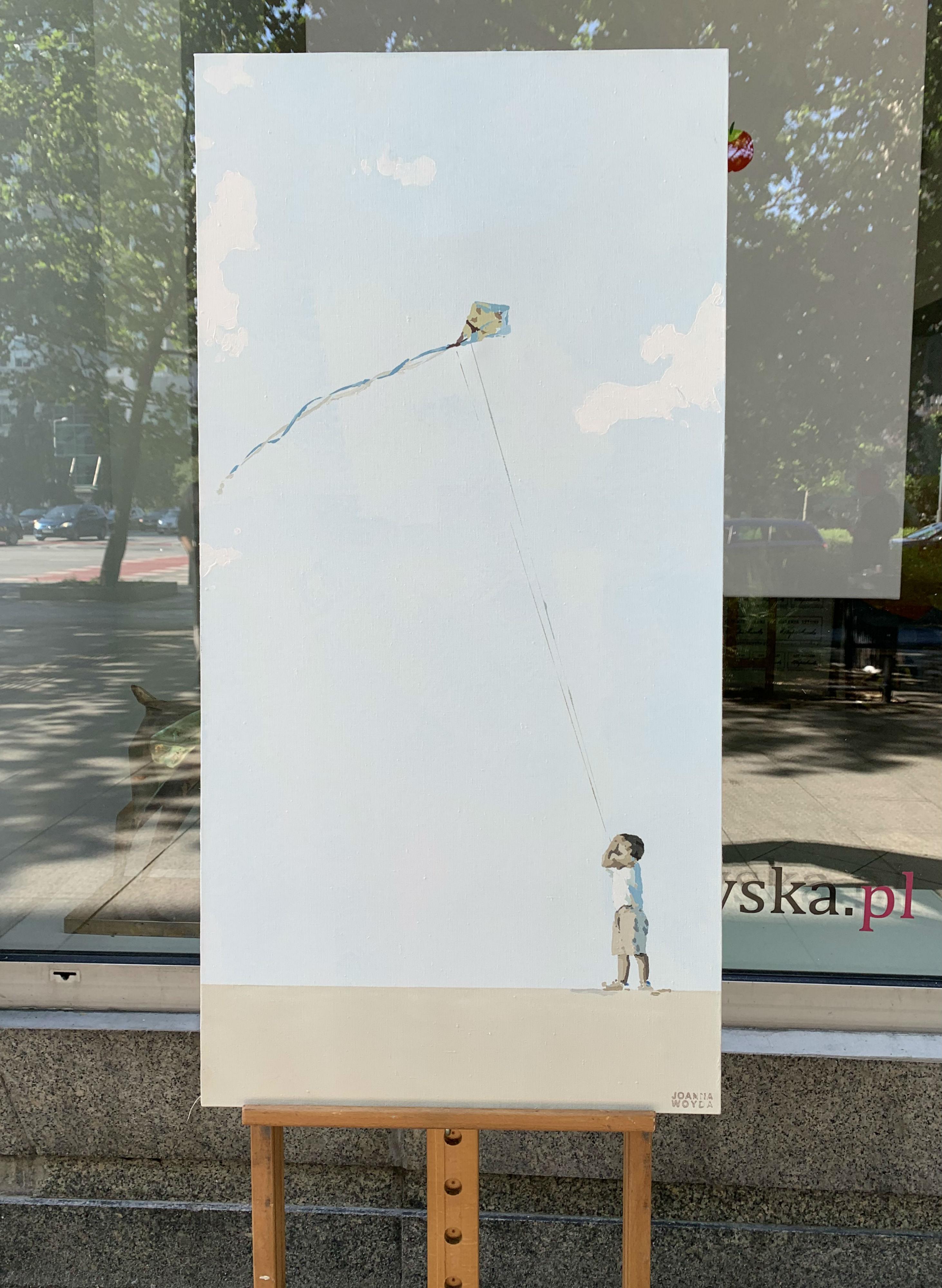 Boy with a kite - Contemporary Figurative Acrylic Painting, Minimalism, Pop art - Gray Portrait Painting by Joanna Woyda