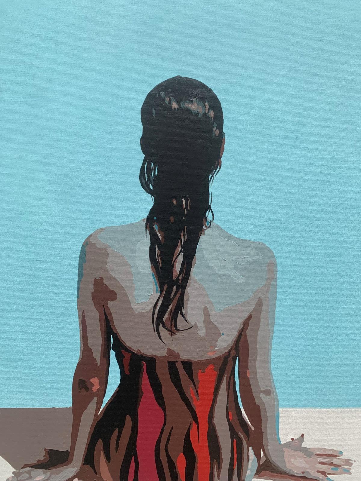 Junto a la piscina. Pintura acrílica figurativa, Minimalismo, Arte pop, Arte polaco - Figurative Painting Azul de Joanna Woyda
