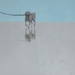 Dog with a stick - XXI Century, Acrylic Animal Painting, Minimalism Muted Colors