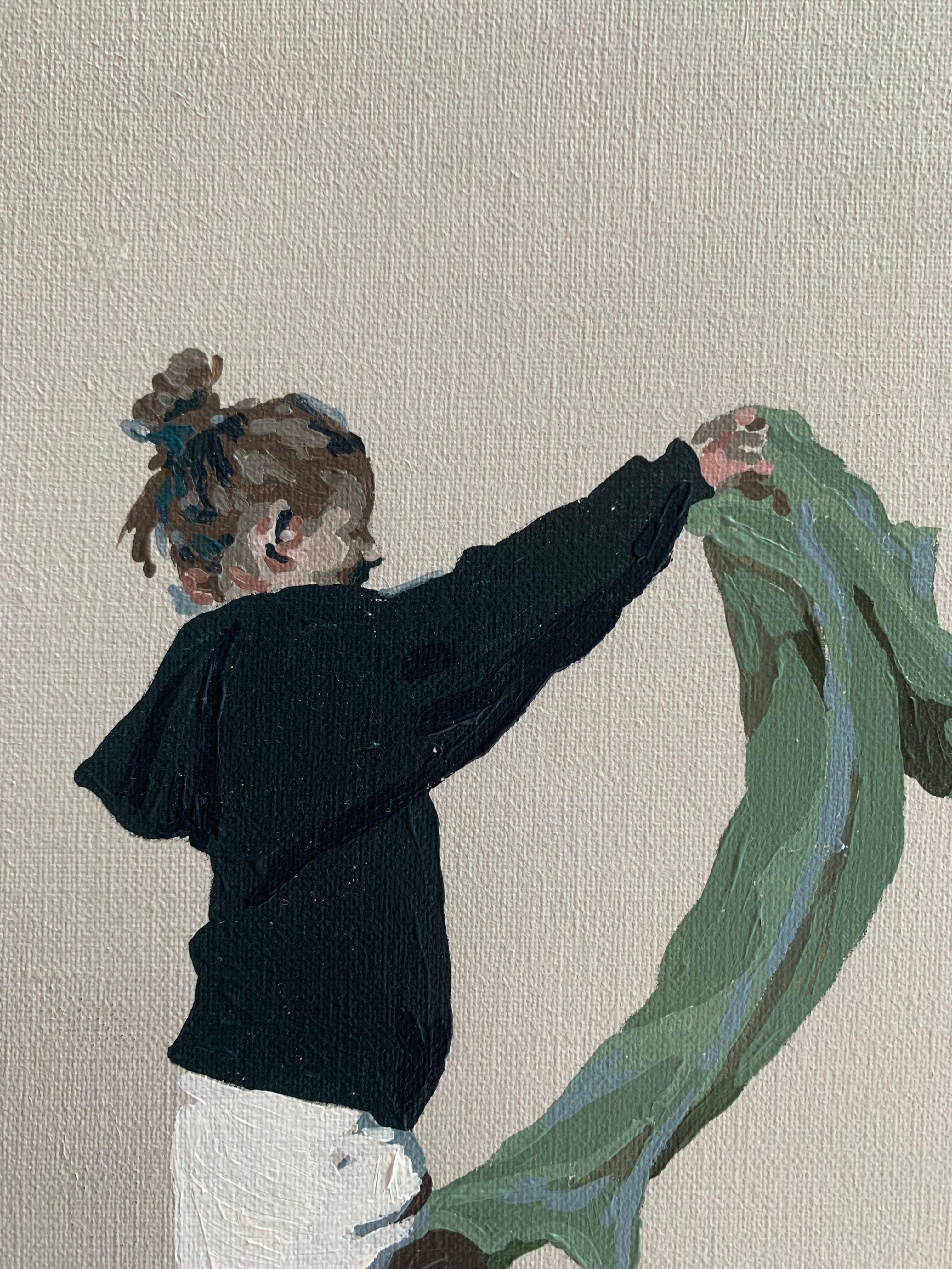 Pintura figurativa contemporánea en acrílico sobre lienzo de la artista polaca Joanna Woyda. La pintura es minimalista, de estilo pop art. La obra representa a una chica de pie en una playa con una toalla verde o una manta. Es visible desde el