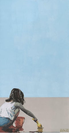 Used Girl with a red bucket  -  Figurative Acrylic Painting, Minimalism, Pop art