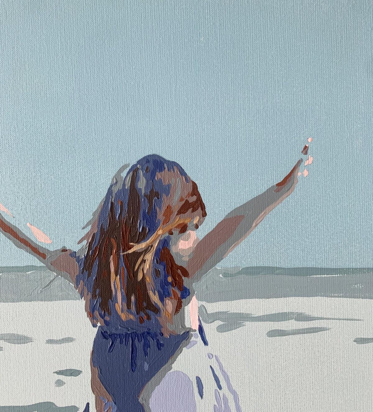 Glücklich sein. Figuratives Acrylgemälde, Minimalismus, Pop-Art, Polnische Kunst (Grau), Figurative Painting, von Joanna Woyda