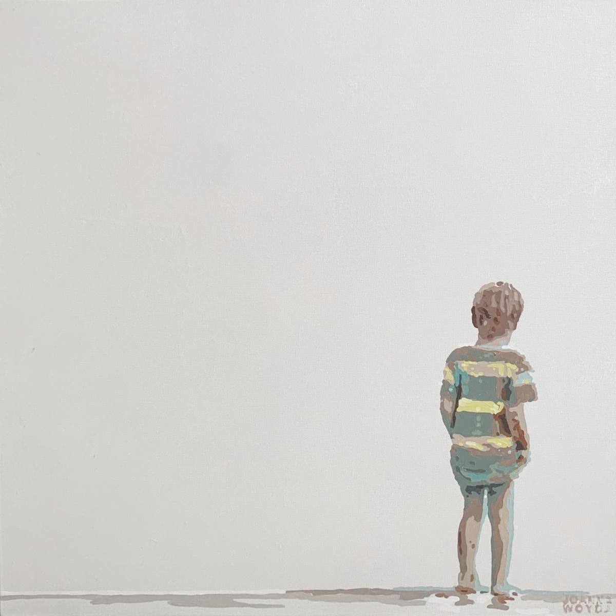 Zeitgenössisches figuratives Gemälde in Acryl auf Leinwand der polnischen Künstlerin Joanna Woyda. Die Malerei ist im minimalistischen Pop-Art-Stil gehalten. Das Kunstwerk zeigt ein Mädchen, das am Ufer steht, es ist von hinten zu sehen, die Arme
