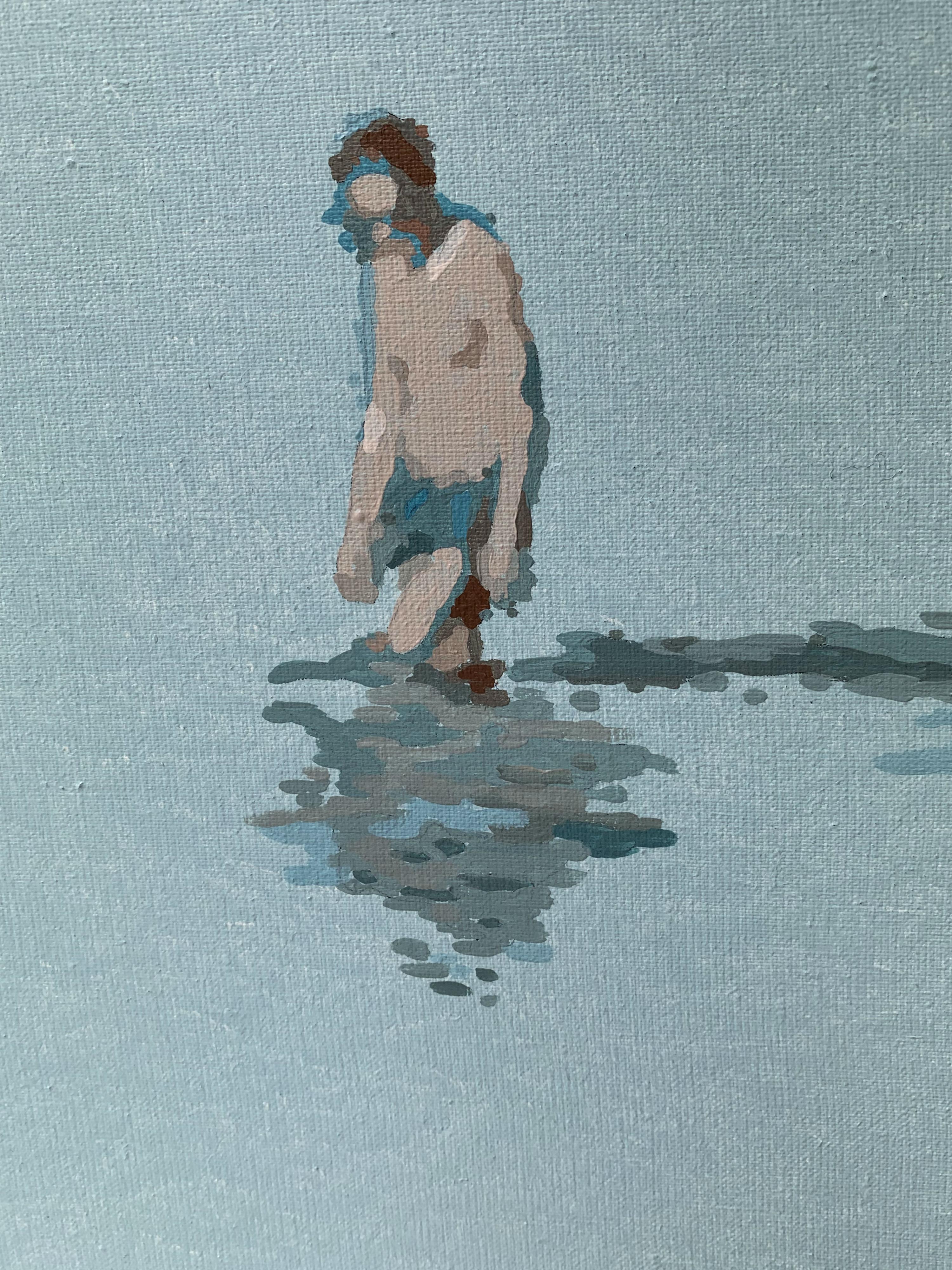 Mann in einem Wasser – Acrylgemälde des XXI. Jahrhunderts, Minimalismus, gedämpfte Farben (Blau), Figurative Painting, von Joanna Woyda