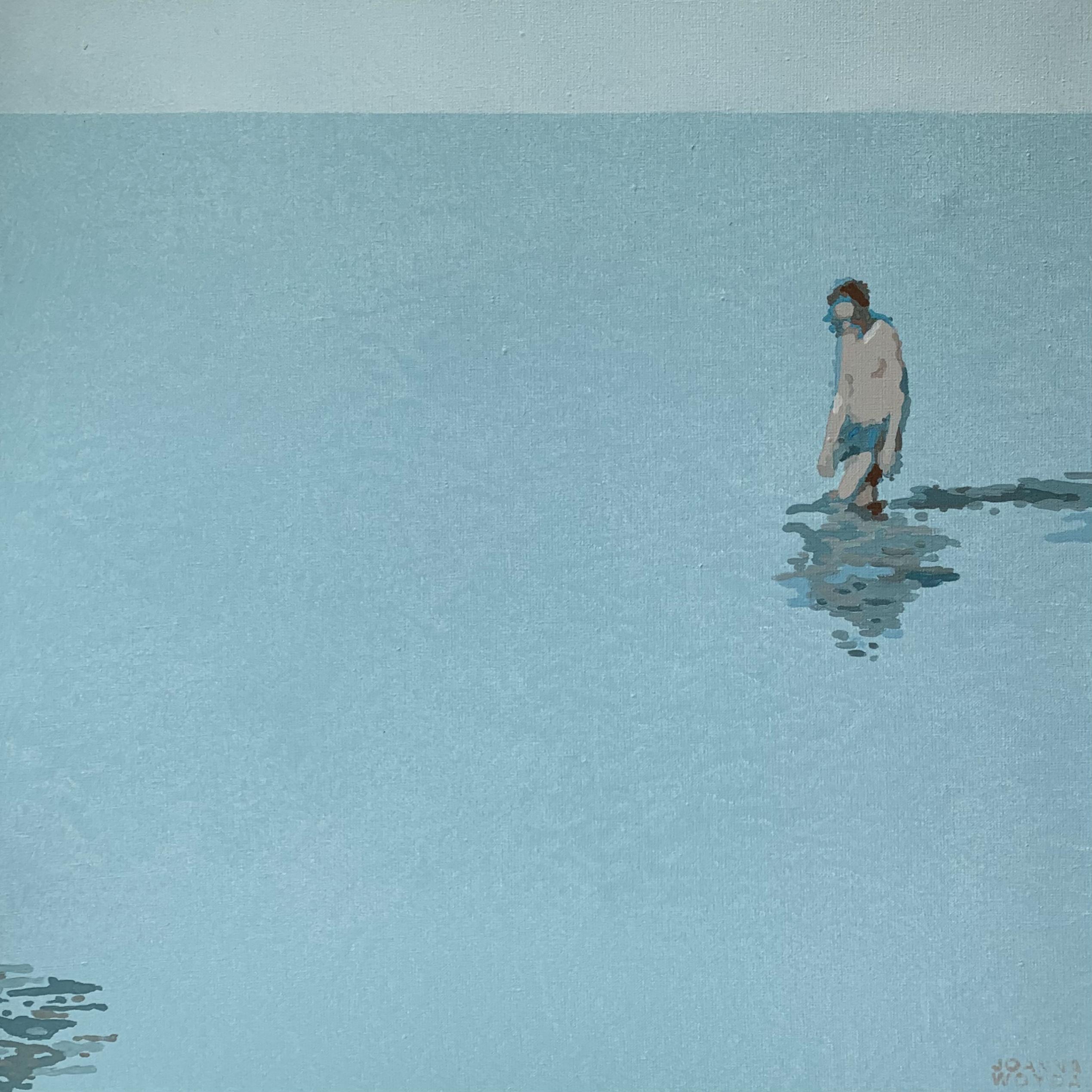 Joanna Woyda Figurative Painting �– Mann in einem Wasser – Acrylgemälde des XXI. Jahrhunderts, Minimalismus, gedämpfte Farben