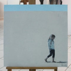 Nina - XXI Century Acrylic Painting, Minimalism, Muted Colors, Portrait, Sea