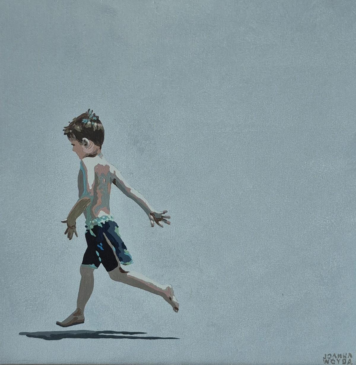 Joanna Woyda Figurative Painting – Auf der Flucht. Figuratives Acrylgemälde, Minimalismus, Pop-Art, Polnische Kunst