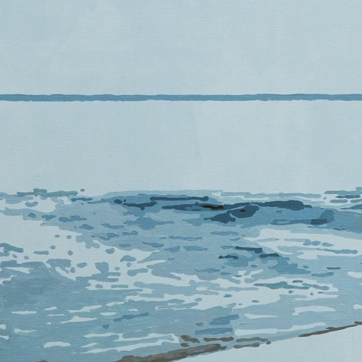 Zeitgenössisches figuratives Gemälde in Acryl auf Leinwand der polnischen Künstlerin Joanna Woyda. Die Malerei ist im minimalistischen Pop-Art-Stil gehalten. Das Kunstwerk zeigt ein Mädchen, das am Ufer steht, es ist von hinten zu sehen, die Arme