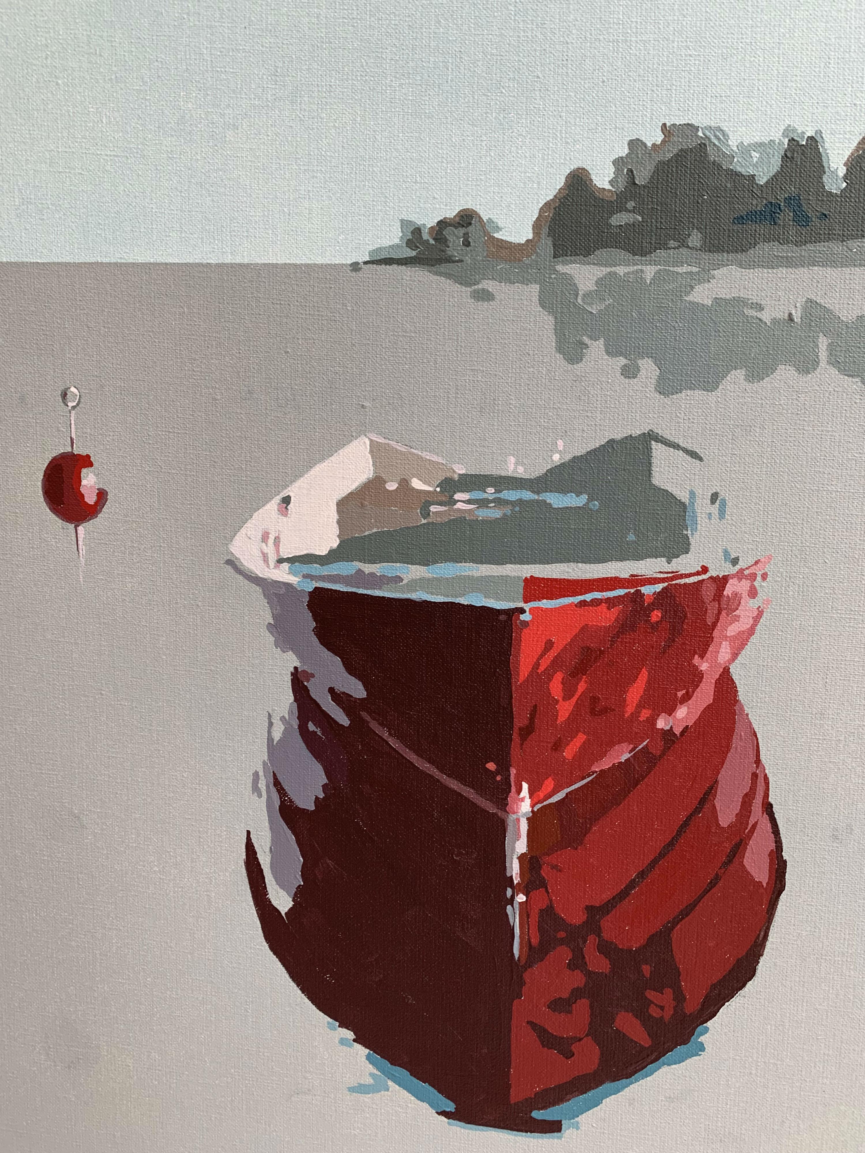 Red boat - Contemporary Figurative Acrylic Painting, Minimalism, Pop art - Gray Figurative Painting by Joanna Woyda