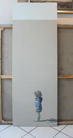 The Beach. A striped boy - Figurative painting, Minimalistic, Blue & beige