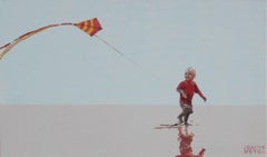 The Beach. Boy with a kite - XXI century, Figurative painting, Red