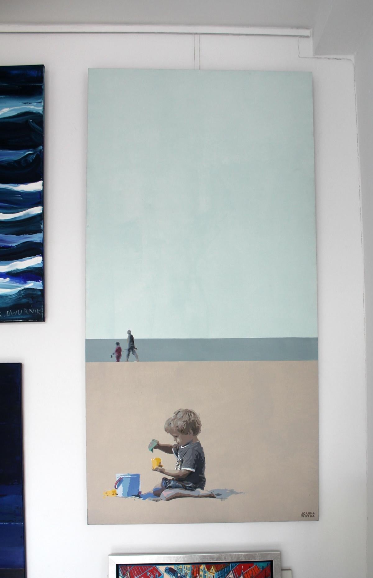 The Beach. Boy with buckets - Figurative Painting, Landscape,  Minimalism, Muted - Gray Landscape Painting by Joanna Woyda