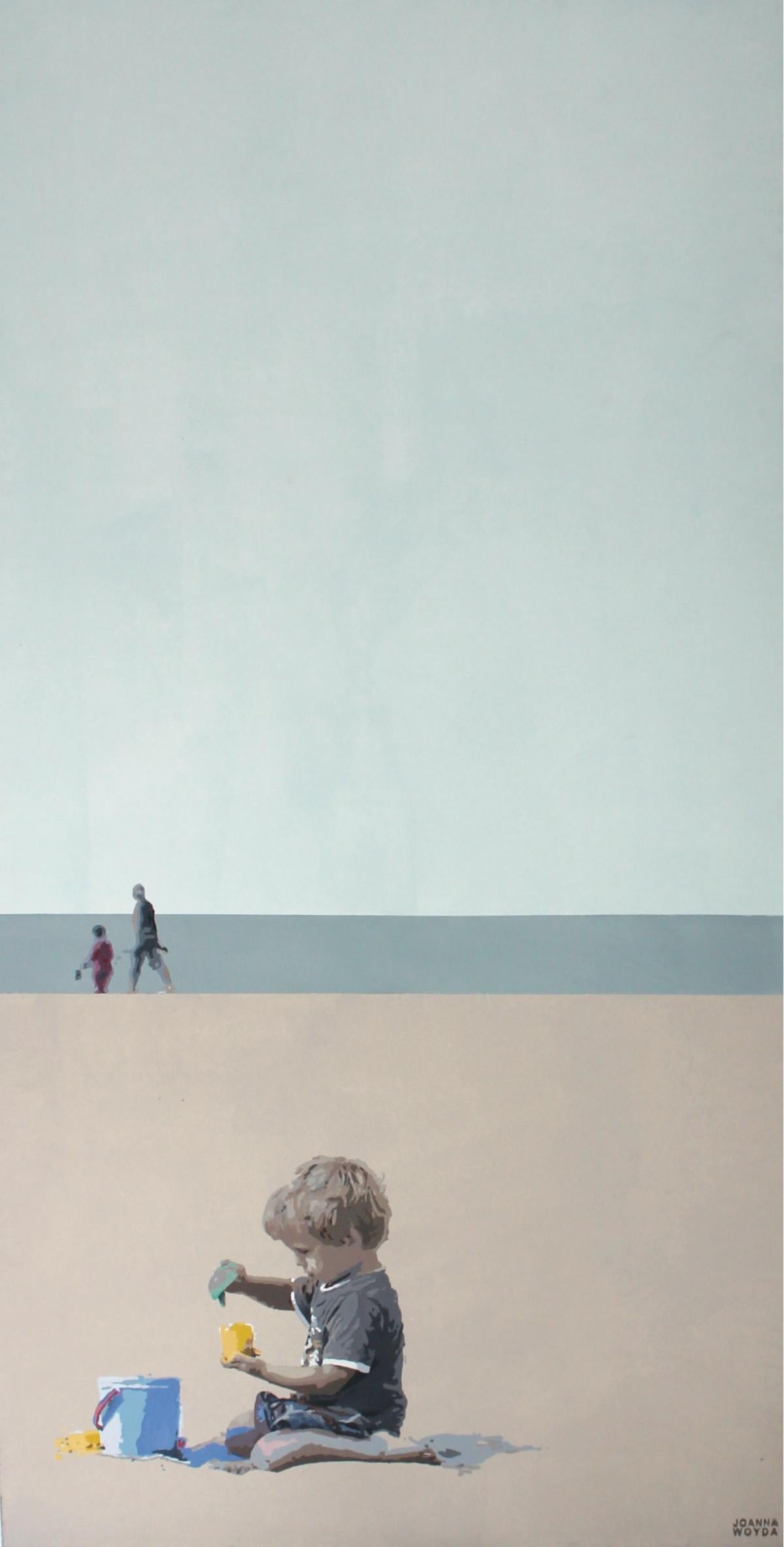 Joanna Woyda Landscape Painting - The Beach. Boy with buckets - Figurative Painting, Landscape,  Minimalism, Muted