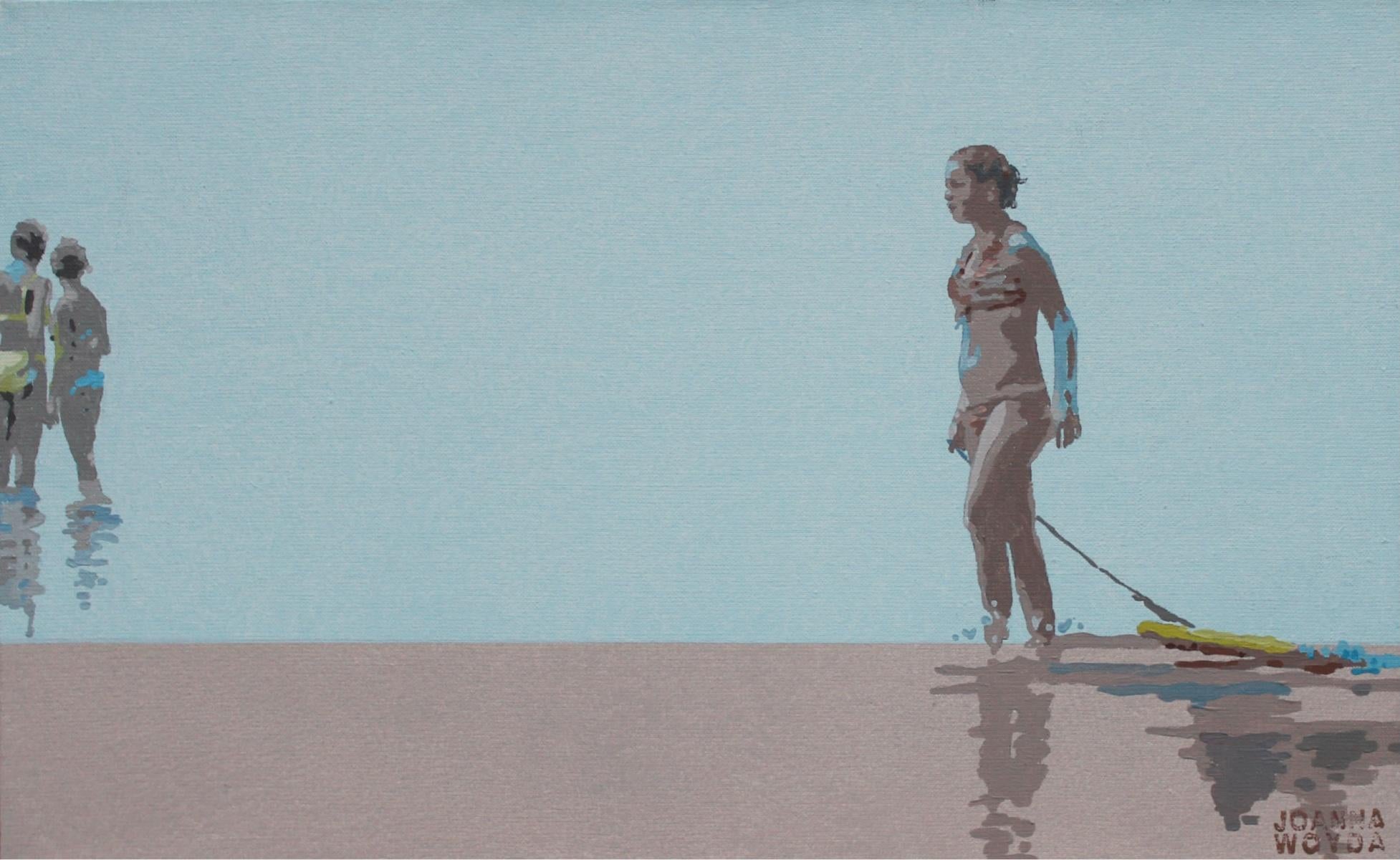 Joanna Woyda Figurative Painting - The Beach. Three women - XXI century, Figurative painting, Red
