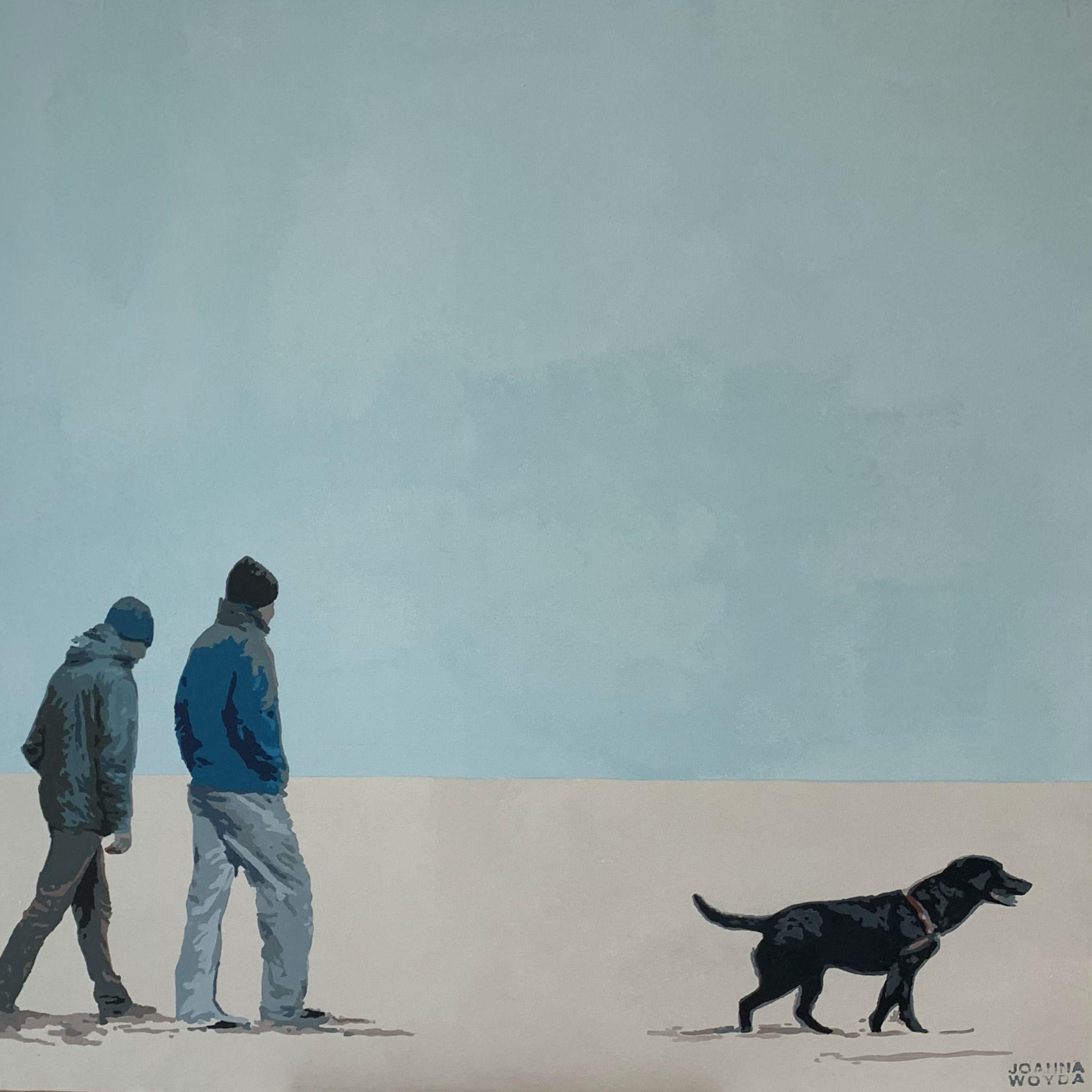 Joanna Woyda Figurative Painting – Two men with a dog - Figurative Acrylic Painting, Minimalism, Pop art, Animal