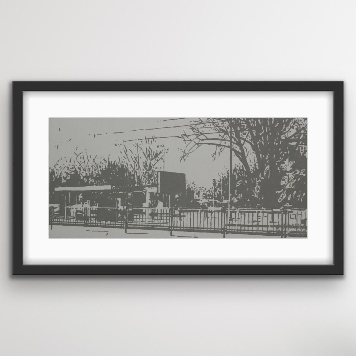 Varsovia 3 - Pintura acrílica contemporánea sobre papel, Monocromática, Vista de la ciudad en venta 1