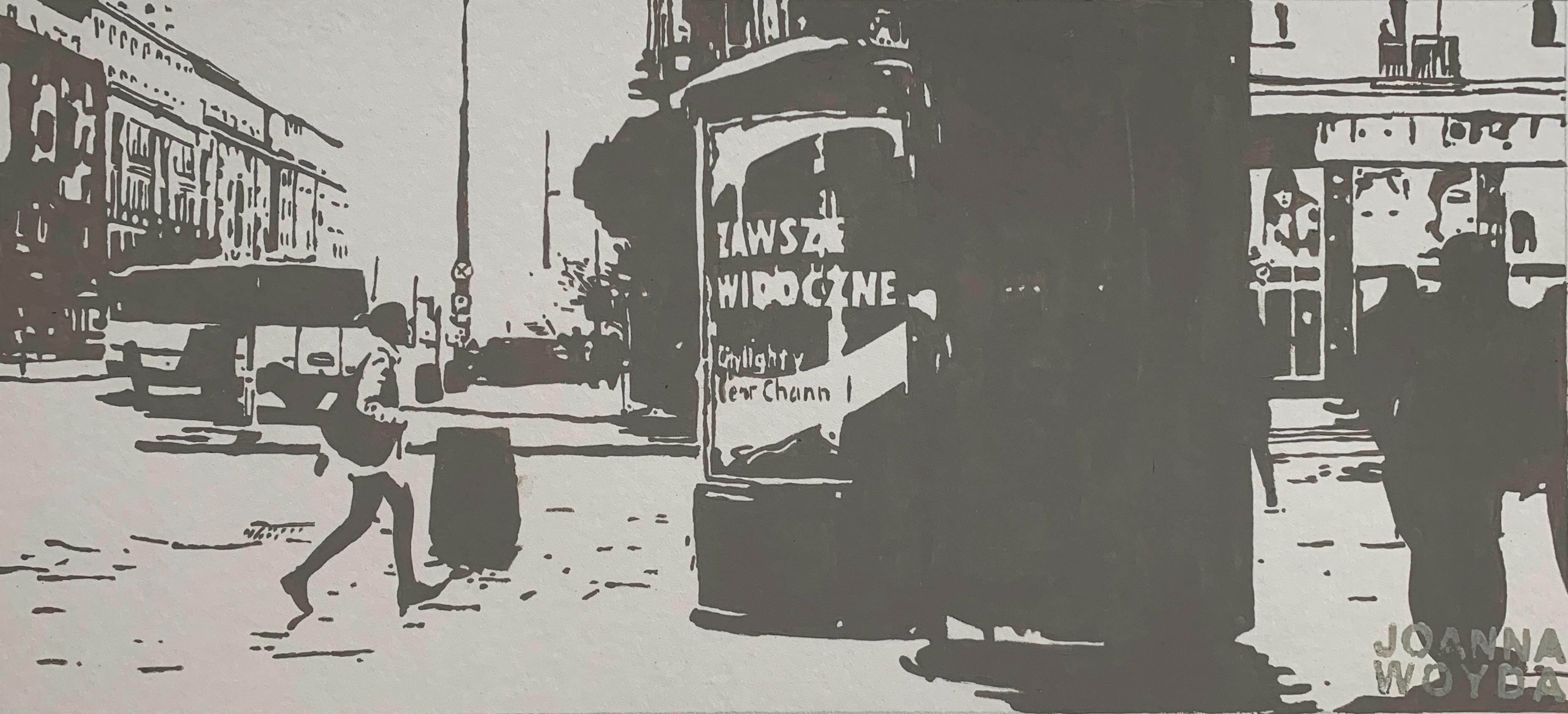 Joanna Woyda Figurative Painting - Warsaw VI, contemporary Painting, Citiscape, Black and White, XXI century