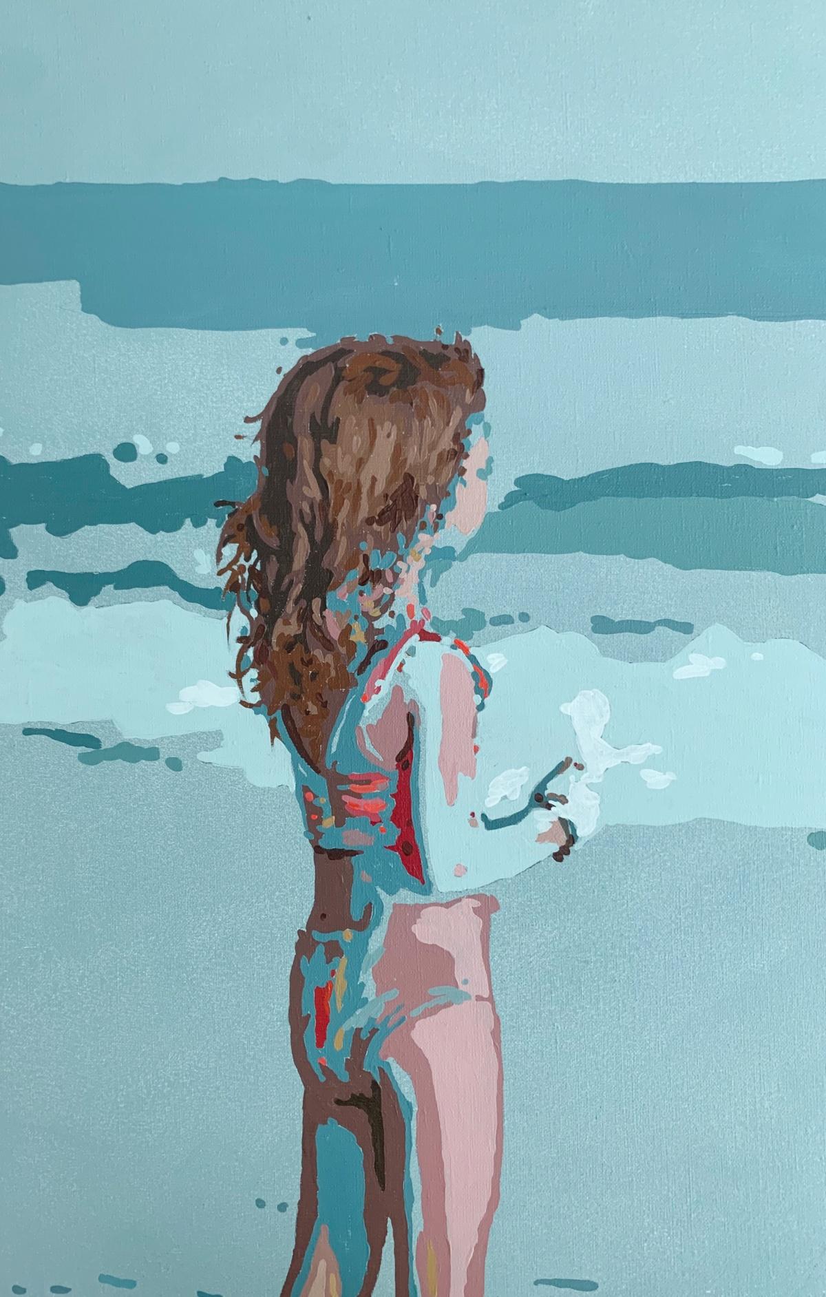Quadro figurativo contemporaneo in acrilico su tela dell'artista polacca Joanna Woyda. La pittura è in stile minimalista, pop art. L'opera raffigura una ragazza in piedi su una spiaggia, in acqua. È visibile di lato. I colori sono prevalentemente