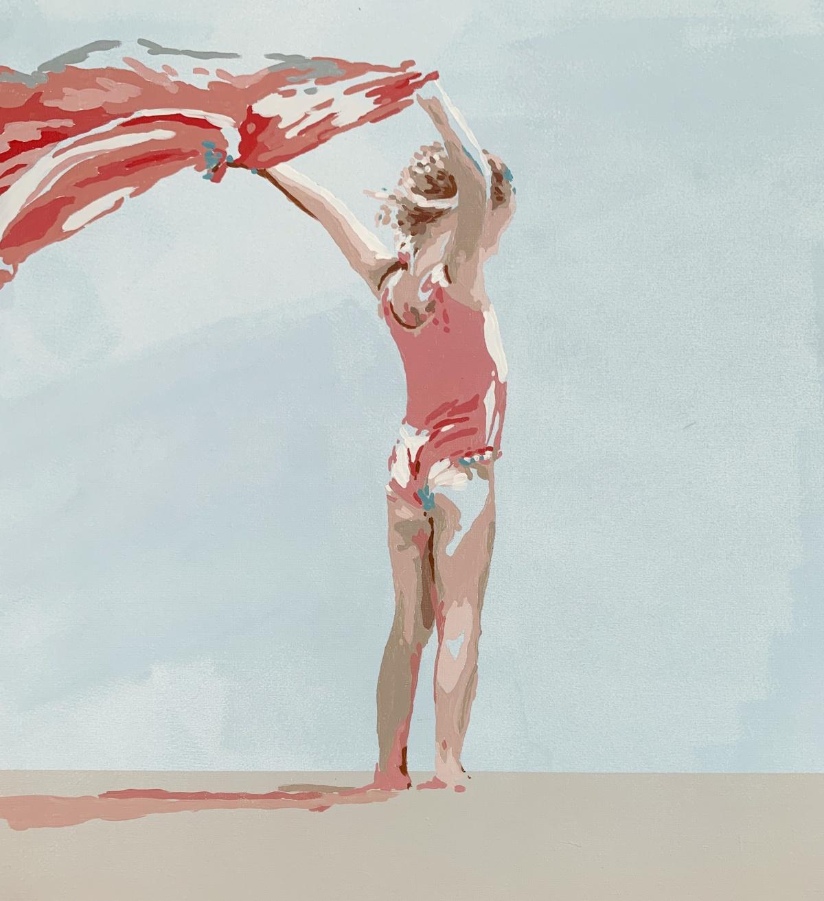 Con un asciugamano rosso. Pittura acrilica figurativa, Minimalismo, Pop art, Arte polacca - Figurative Painting Grigio di Joanna Woyda