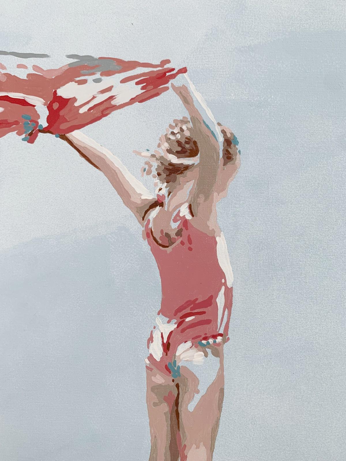 Quadro figurativo contemporaneo in acrilico su tela dell'artista polacca Joanna Woyda. La pittura è in stile minimalista, pop art. L'opera raffigura una ragazza in piedi su una spiaggia, con in mano un asciugamano che viene spazzato dalla brezza. I