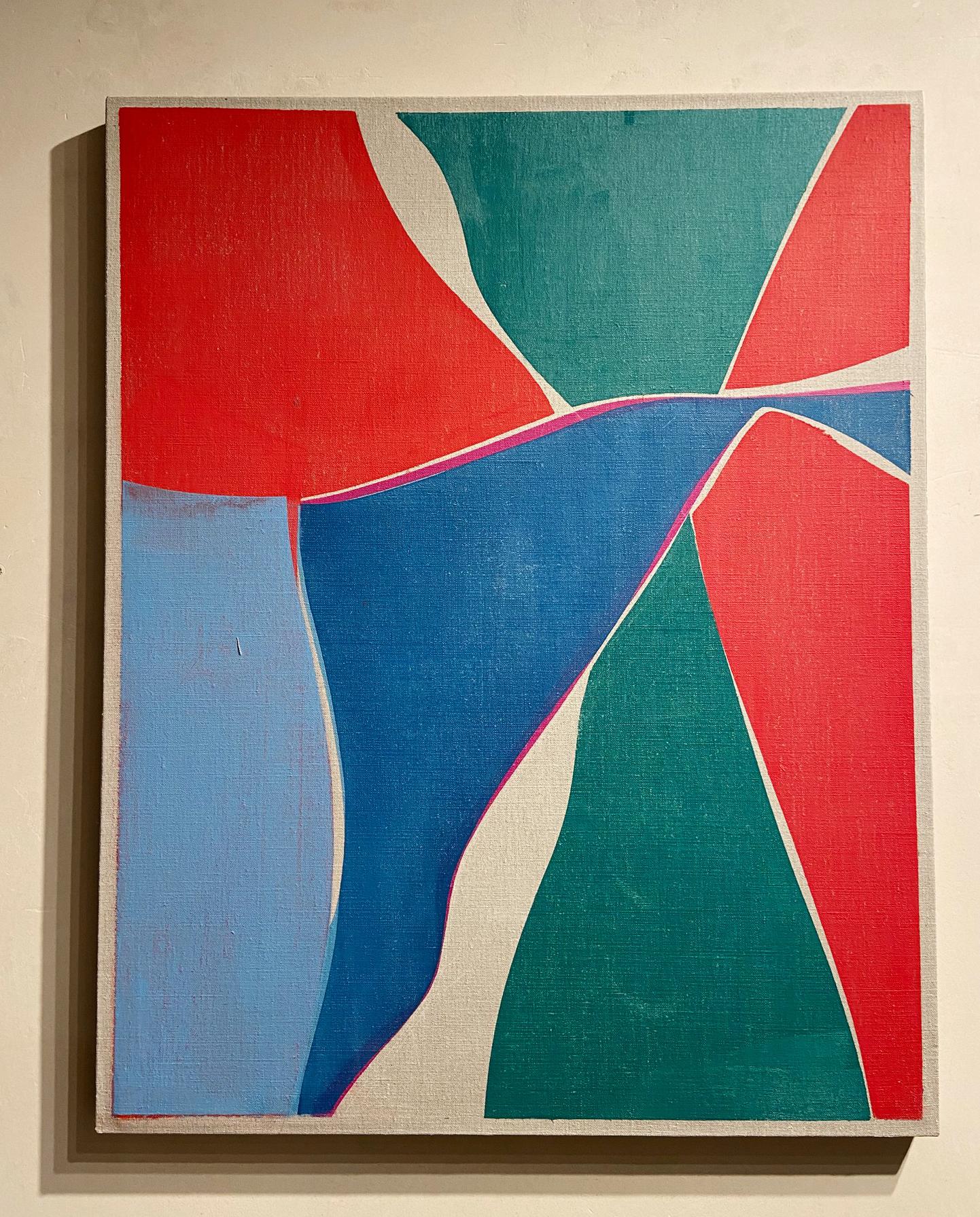 This abstract oil painting is on raw linen and demonstrates Joanne Freeman's innate sense of color and shape. 

Abstract painter Joanne Freeman's paintings are grounded in architecture, design, popular culture, and art history. Her palate is based