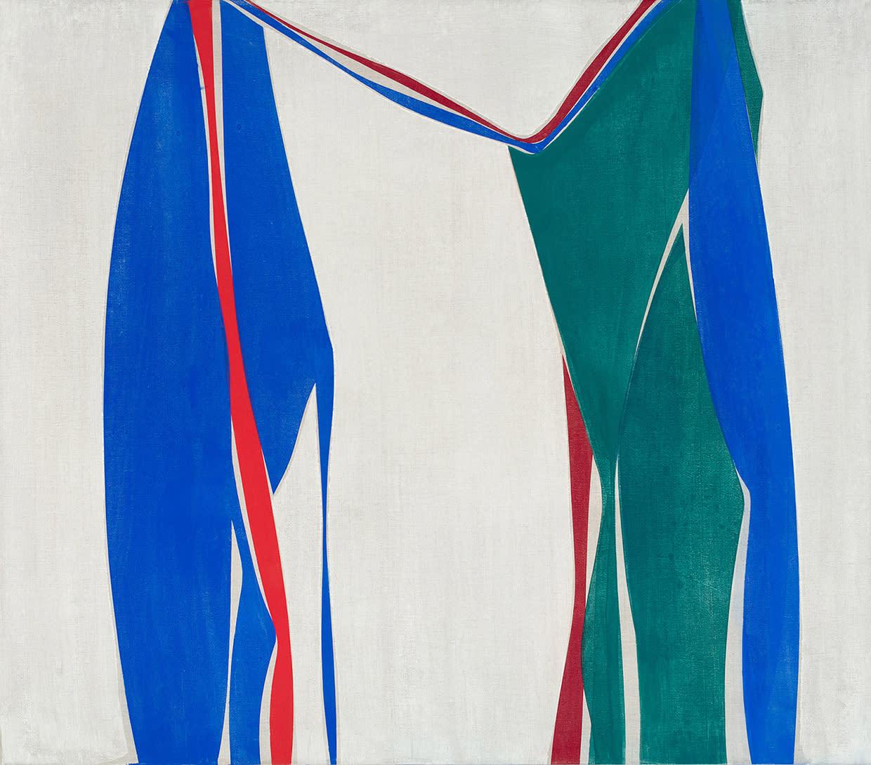 Joanne Freeman
Flying Without a Net 1, 2020
oil on linen
42 x 48 in.
(freem158)

This contemporary oil painting on linen features bold blue, red, and green geometric shapes on a white background with abstract mid-century flair.

"My drawings and