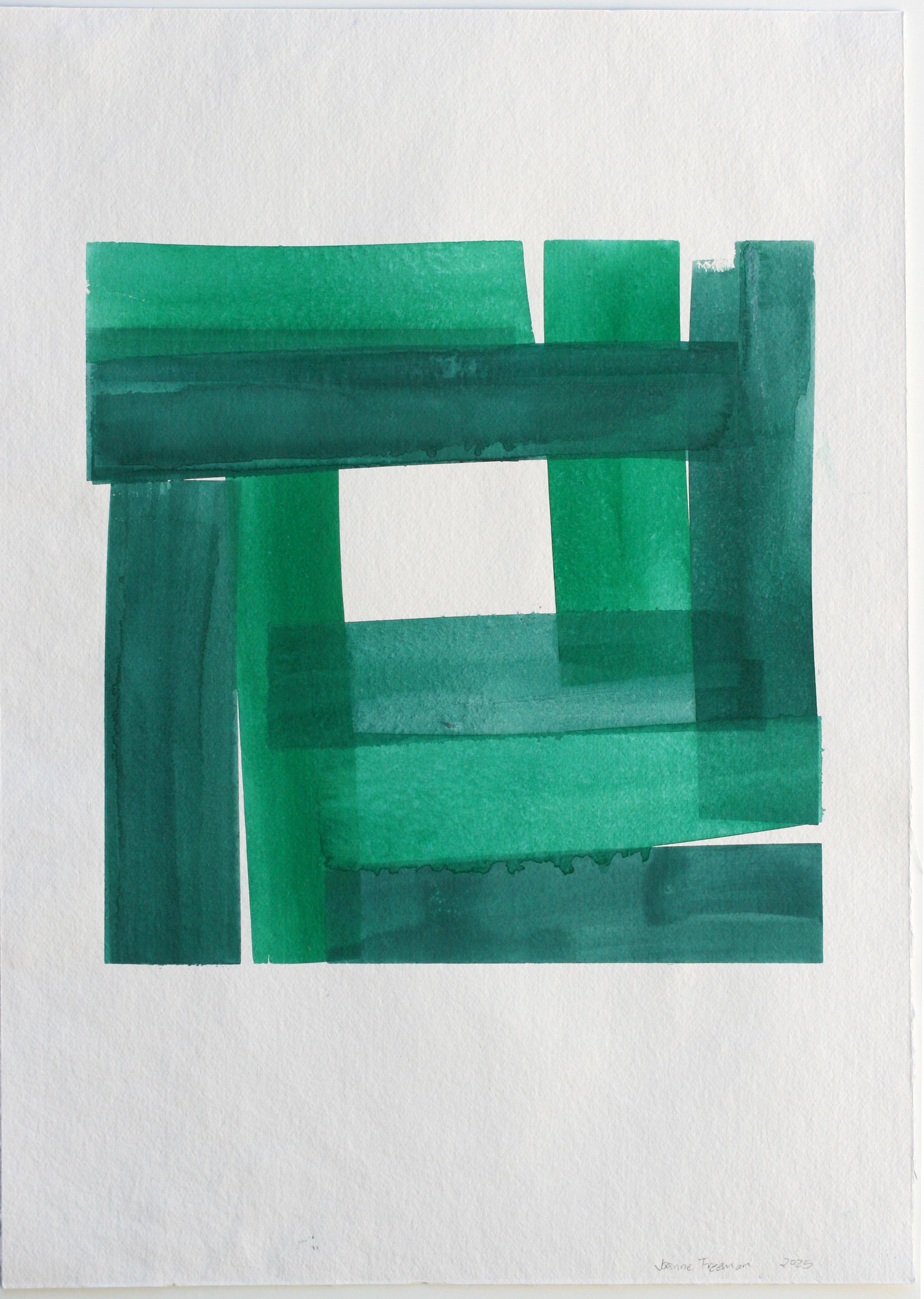 Abstract Drawing de Joanne Freeman - "Cuadrados y Trazos (Viridian_16)" 2025, gouache sobre papel hecho a mano, 28 x 20 pulg.