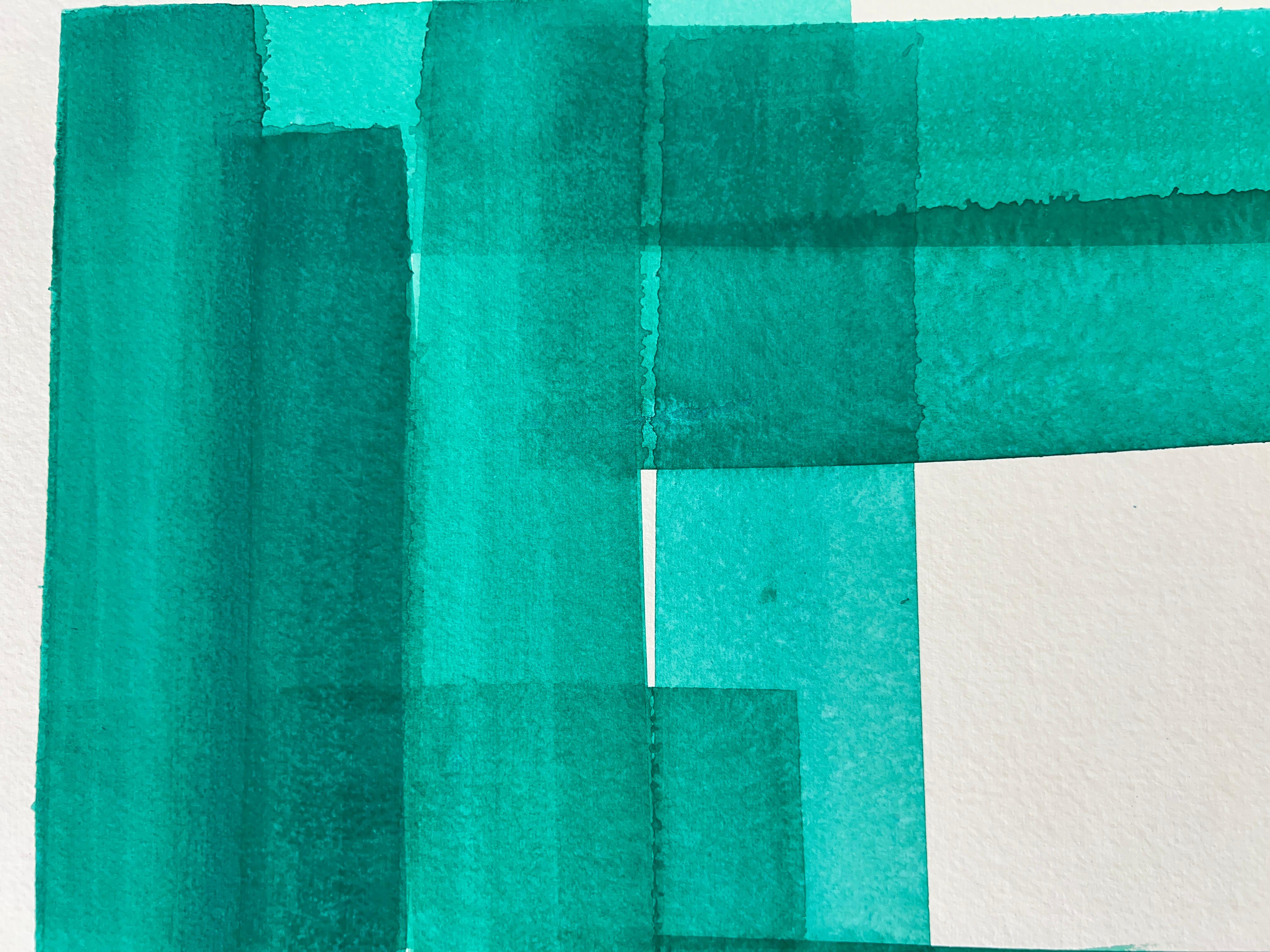 Squares and Strokes (Viridian_22a) 2025, gouache on handmade paper, 28 x 20 in. - Abstract Art by Joanne Freeman