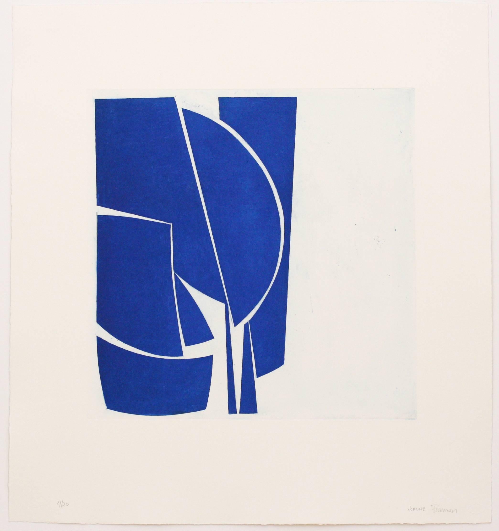 Joanne Freeman Abstract Print - Covers 1 Cobalt, abstract aquatint print, mid-century modern influenced, blue.