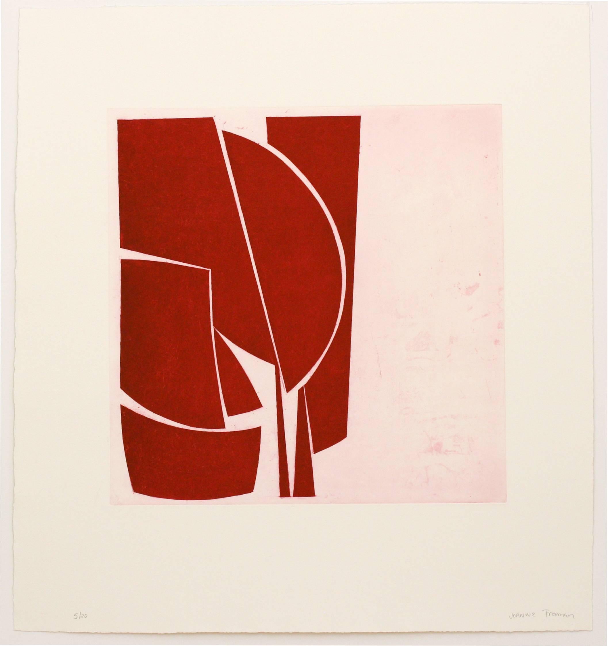 Joanne Freeman Abstract Print - "Covers 1 Red", abstract aquatint print, mid-century modern influence, deep red.