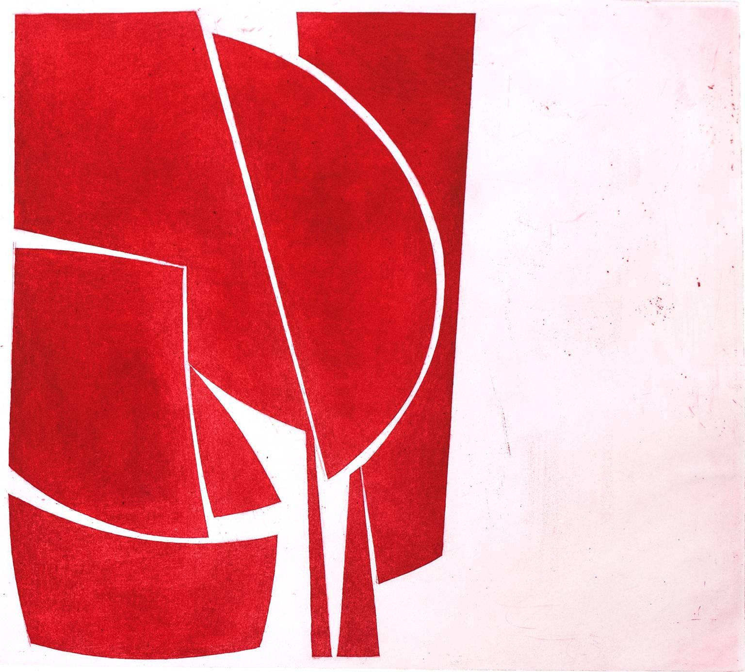 Joanne Freeman Abstract Print - "Covers 1 Red", abstract aquatint print, mid-century modern influenced, red.