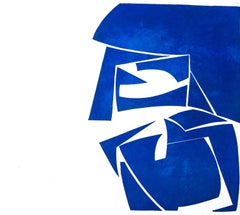 "Covers 3 Cobalt", abstract aquatint, mid-century modern influenced, blue.