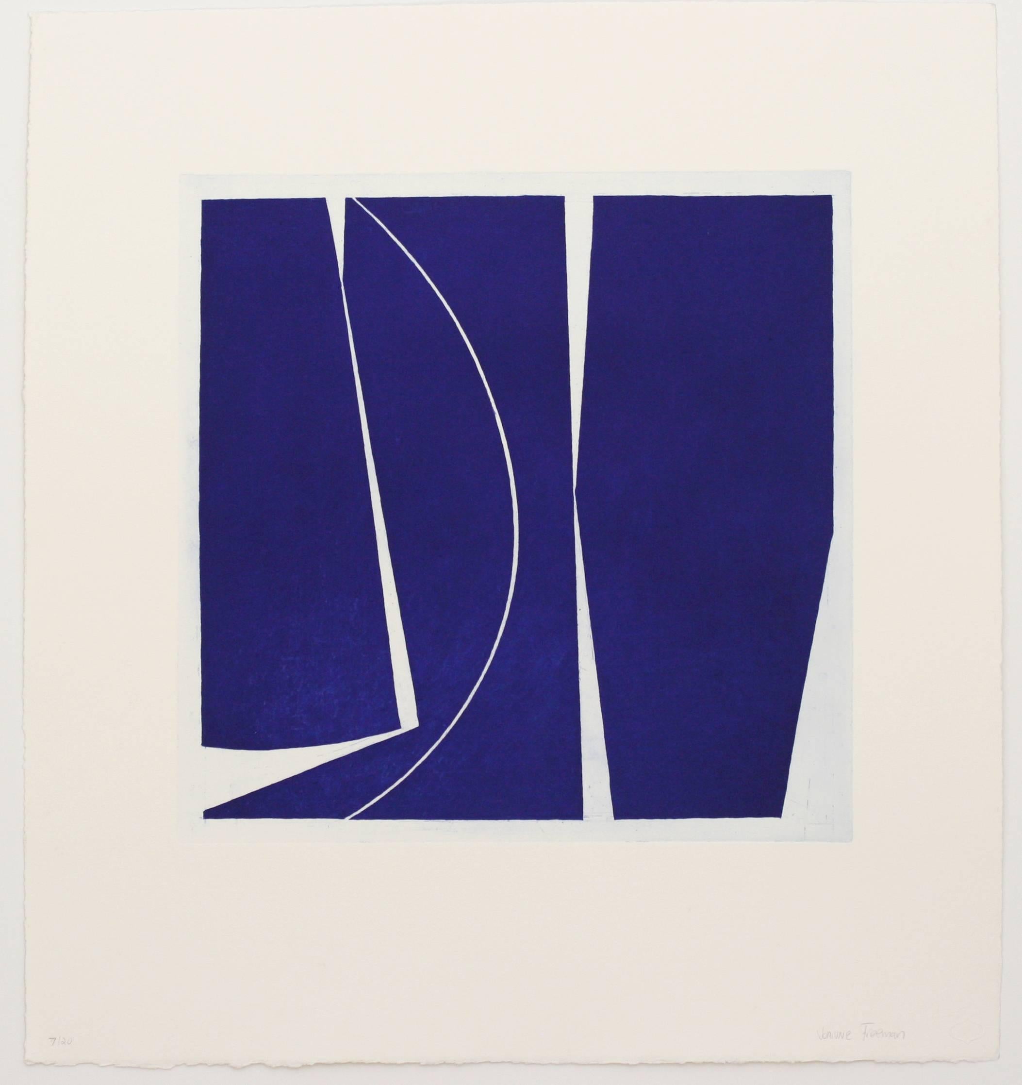 Joanne Freeman Abstract Print - "Covers Four Ultramarine", abstract aquatint print, Mid-century Moderm, deepblue