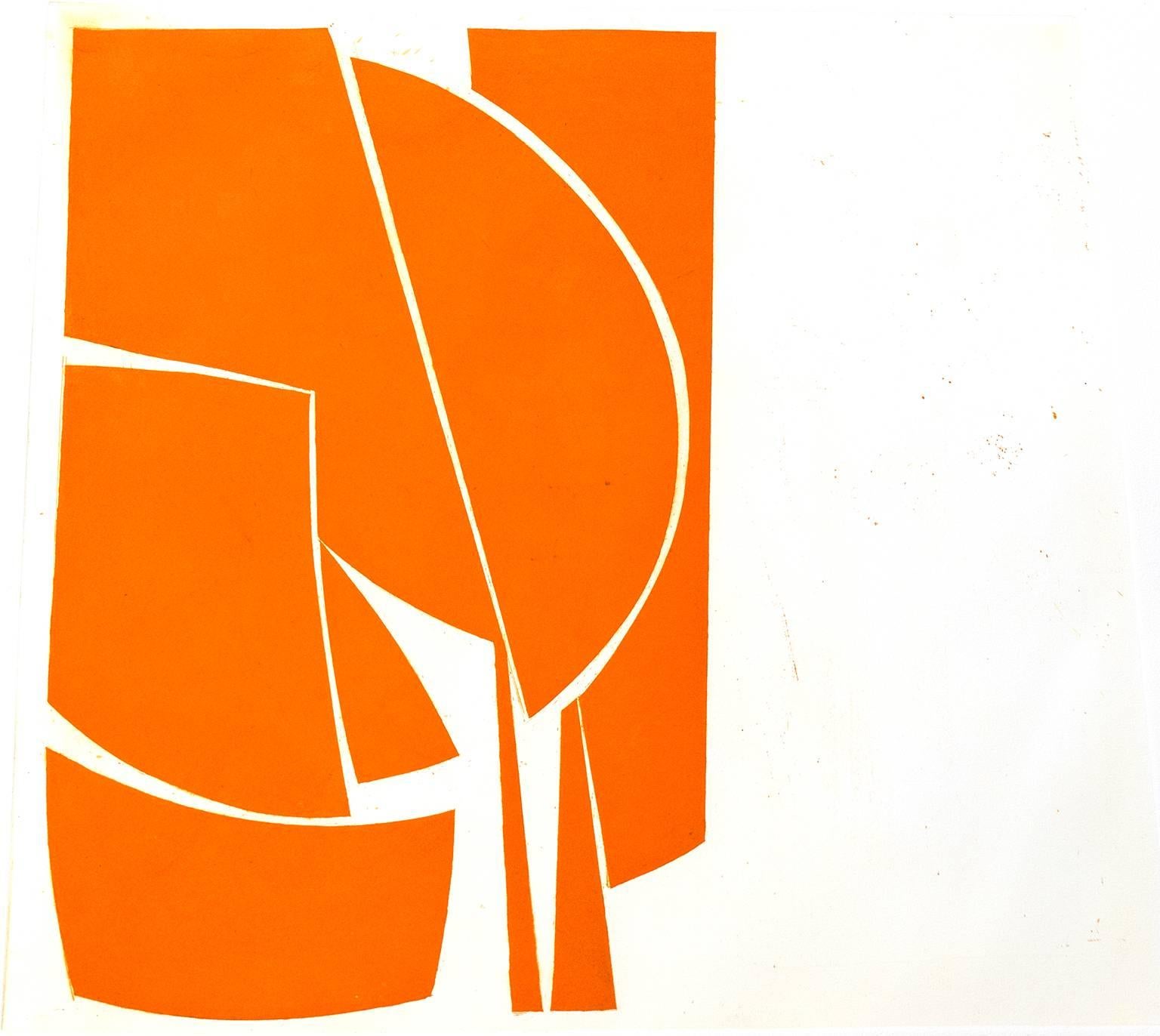 Joanne Freeman Abstract Print - "Covers One Orange", abstract aquatint print, Mid-century Modern, yellow orange